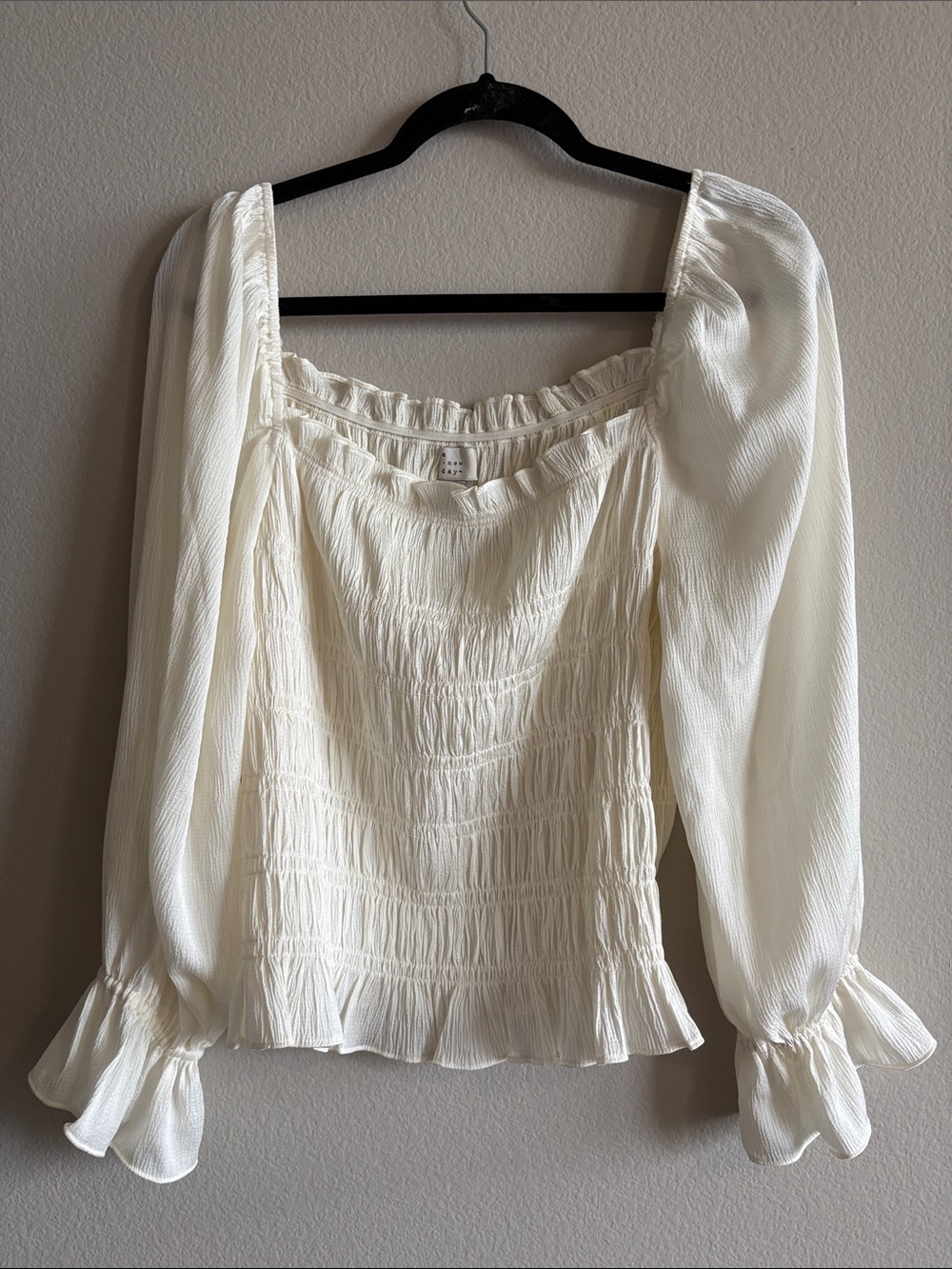 a new day Smocked Bodice Top Blouse Ivory Square-Neck Long Sleeve Size XXL NWT